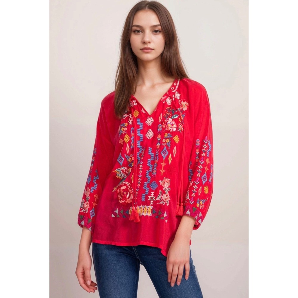 Johnny Was Embroidered Peasant Blouse Women XL Red Tassel V-Neck Excellent